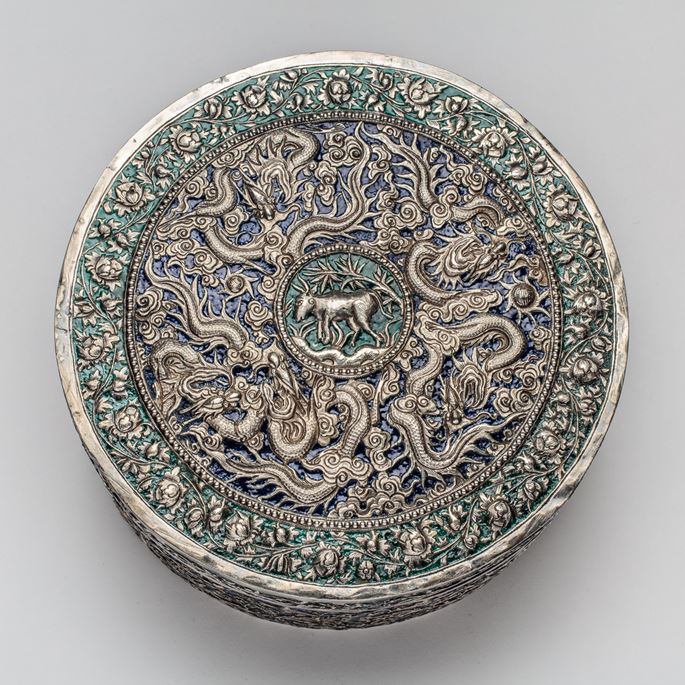 Straits Chinese Silver Enamel Container with Khmer inscription | MasterArt